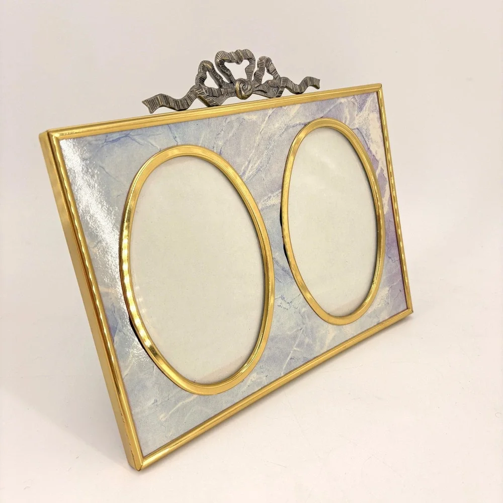 Burnes Vintage Double Picture Frame Marbled Blue Purple Gold‎ Tone Bow Detail